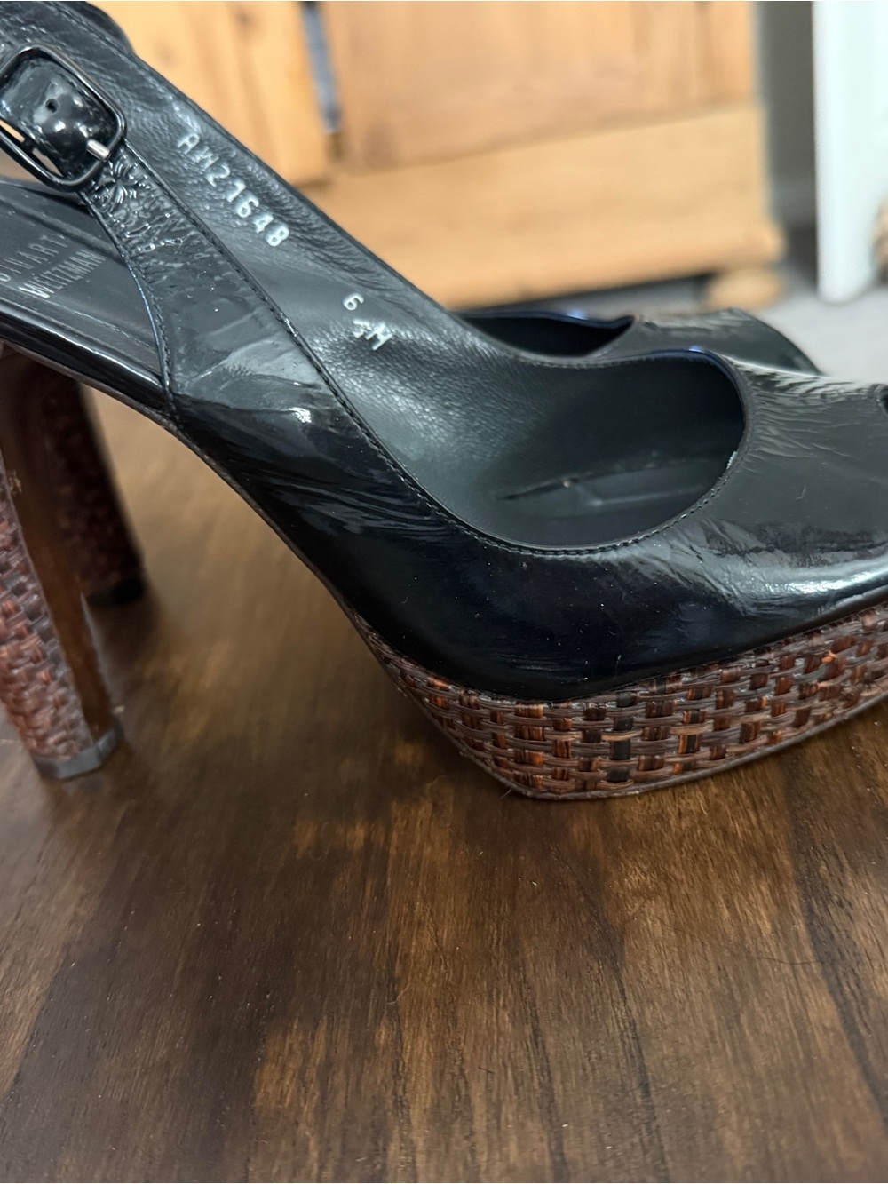 Stuart Weitzman Black Patent Leather Slingback Pumps with Woven Brown Platform